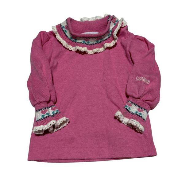 Vtg OshKosh B’gosh Pink Knit Baby Top 3-6M Hearts Trim USA Made Retro Cottage - Picture 4 of 6